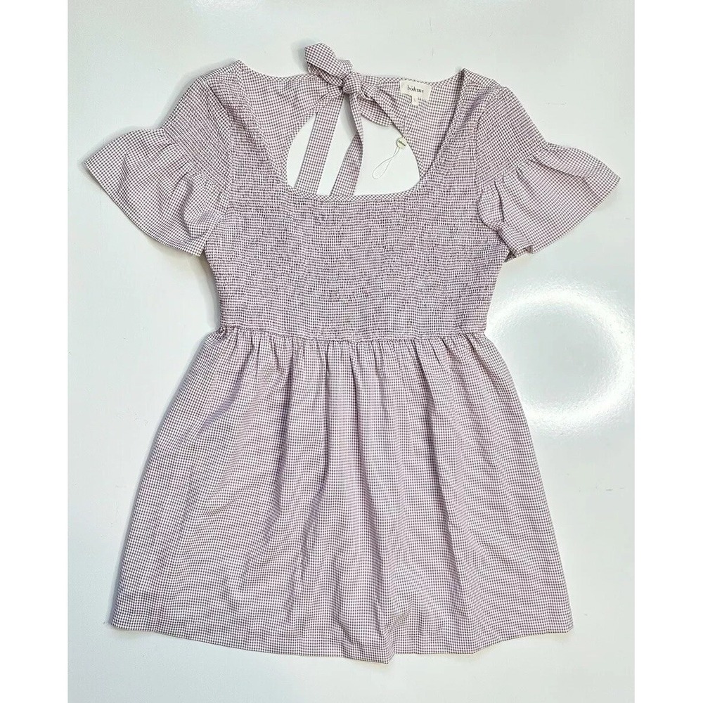 Bohme Liliana Gingham Dress Lavender Flutter Sleeve Tie Back / Women's Large‎